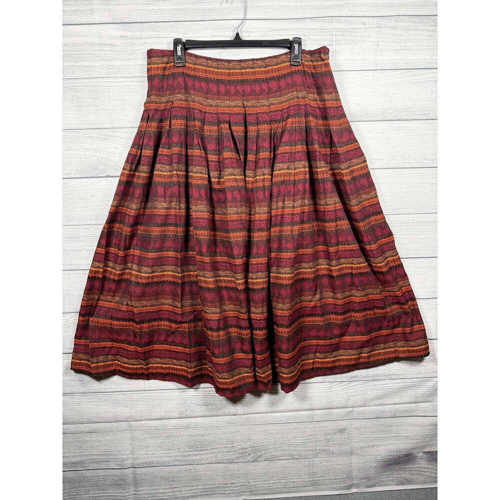 Vintage Studio Women's 12 Burgundy Orange Paisley Pleated Midi Skirt 1254